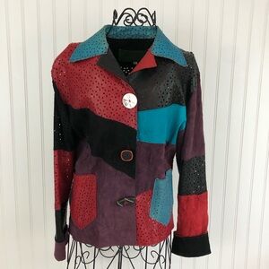 Grownbeans Red and Blue Leather and Suede Jacket with Asymmetrical Patchwork
